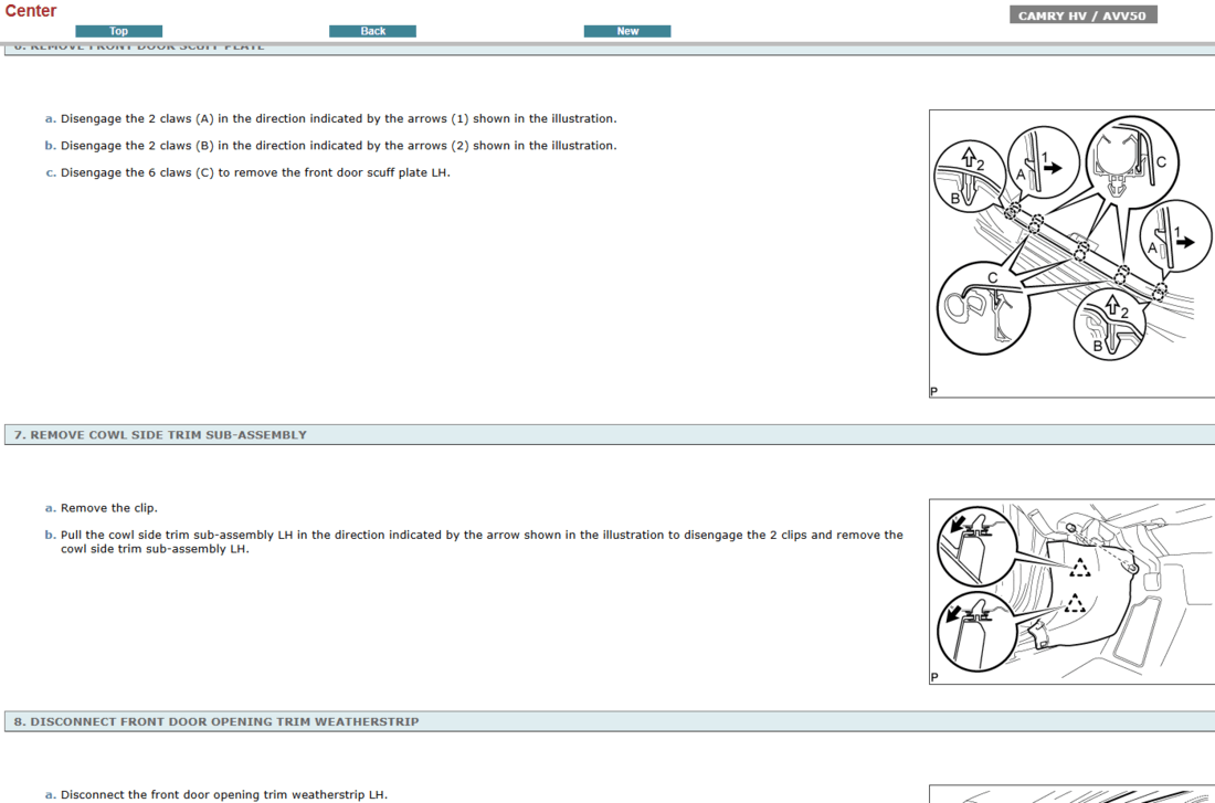 Sección del manual de reparación del Toyota Camry HV – AVV50 2015 en un taller. Una imagen que representa la guía completa para el mantenimiento preventivo y correctivo, con especificaciones técnicas del vehículo.