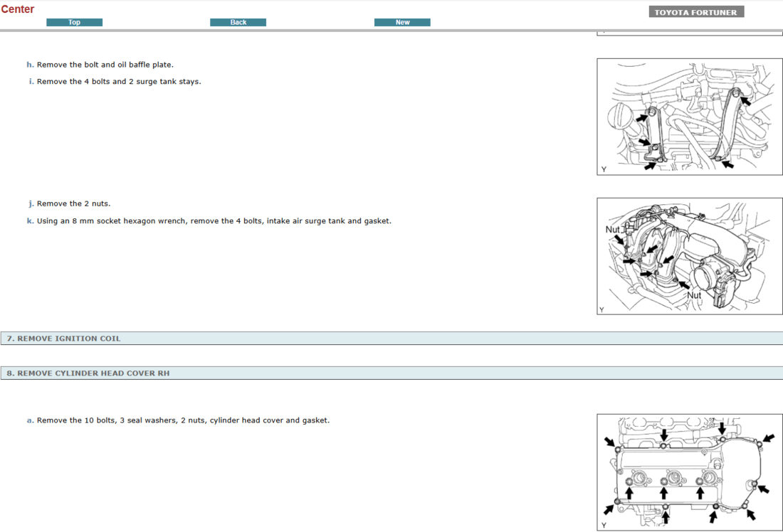 Vista del motor en el manual de reparación del Toyota Fortuner Hilux SW4 2010. Un recurso invaluable para el servicio y diagnóstico del tren motriz, con diagramas y procedimientos para el mecánico.