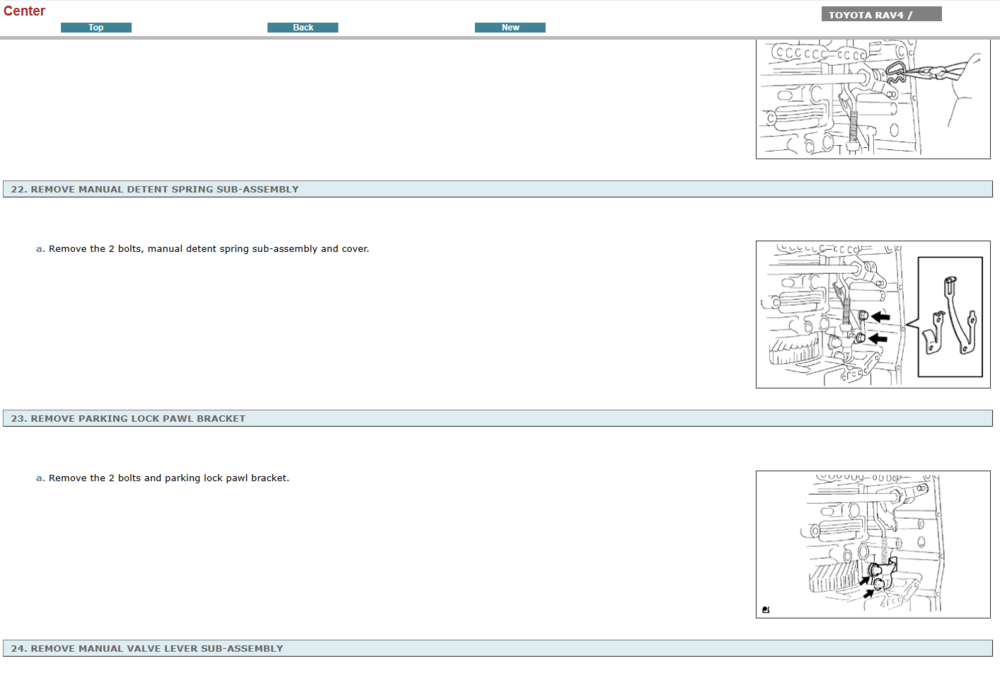 Página del manual de taller que detalla el sistema de transmisión del Toyota Rav4 2010. Este recurso proporciona esquemas y especificaciones clave para el diagnóstico y el servicio profesional de la caja de cambios.