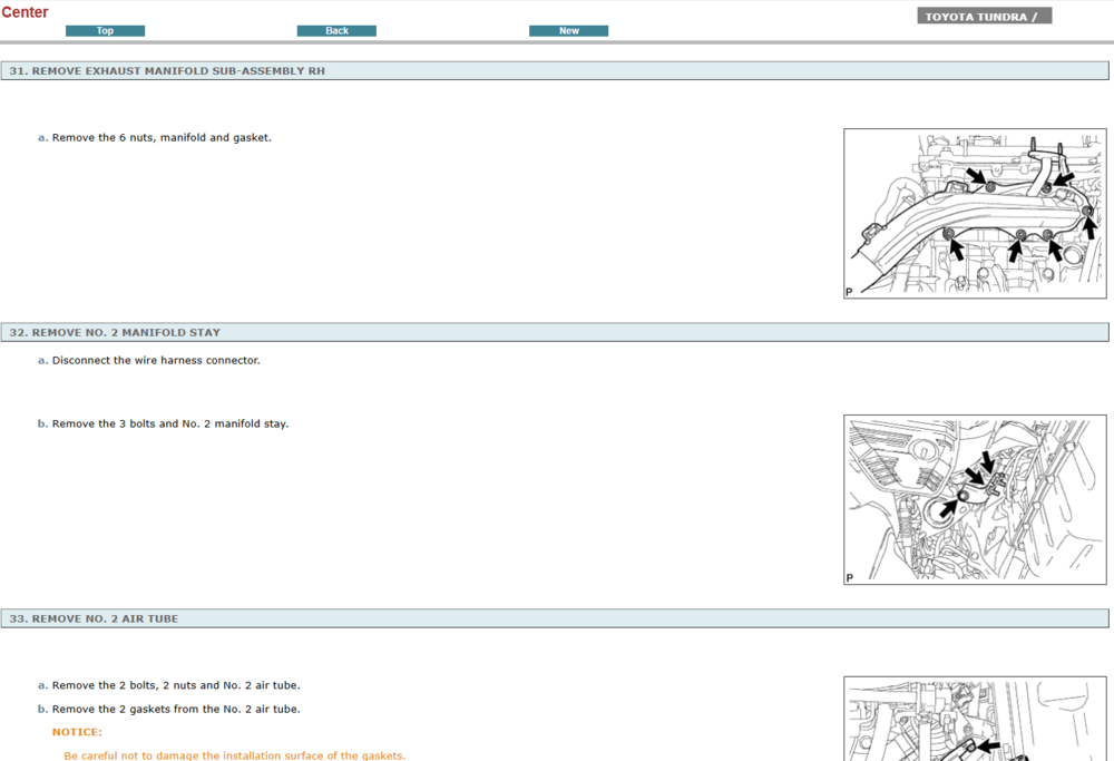 Vista detallada del motor en el manual de reparación del Toyota Tundra 2012. Un recurso esencial para el diagnóstico y servicio del motor, con instrucciones precisas para los mecánicos.