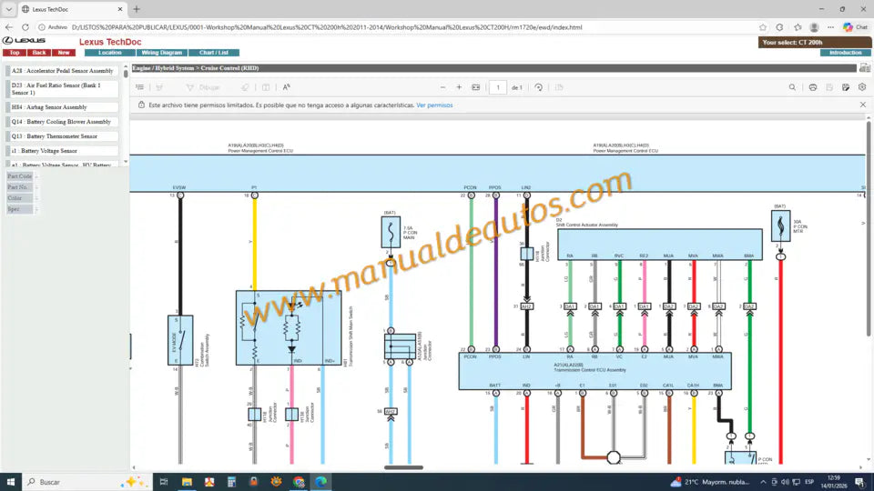 Diagramas eléctricos Lexus CT200h 2011-2014. Esquemas de cableado, sistema de batería de alta tensión y manual de servicio eléctrico.