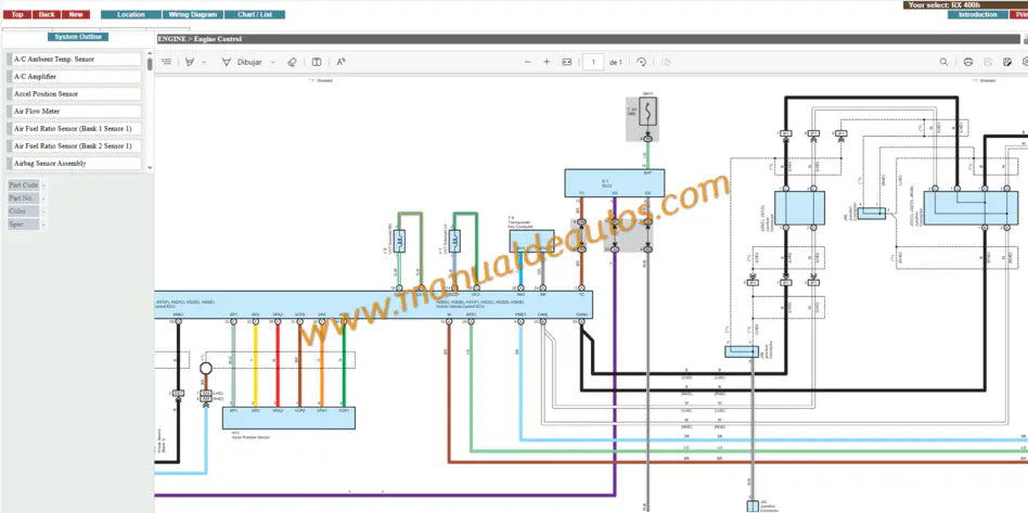 Diagramas eléctricos y esquemas de cableado Lexus RX400h MHU38. Manual de servicio eléctrico interactivo para sistema híbrido, inversores y baterías.