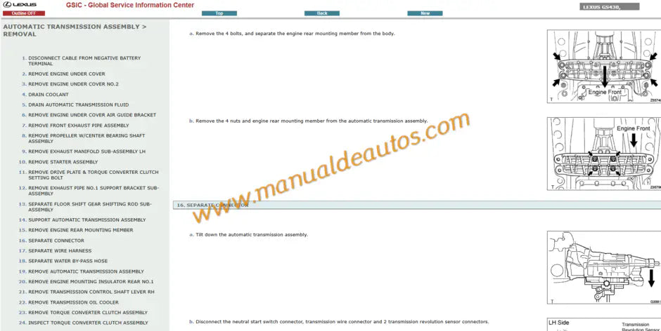 Manual de reparación, taller o servicio de la transmisión automática A760E, A761E y A960E Lexus GS. Guía completa para el mantenimiento de caja de cambios 2005-2011.