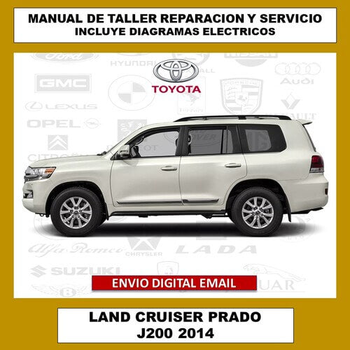Portada del manual de reparación y servicio del Toyota Land Cruiser Prado J200 2014. La imagen de portada de este manual técnico digital, que abarca todos los procedimientos y especificaciones para el mantenimiento y la reparación del vehículo.
