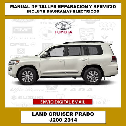 Portada del manual de reparación y servicio del Toyota Land Cruiser Prado J200 2014. La imagen de portada de este manual técnico digital, que abarca todos los procedimientos y especificaciones para el mantenimiento y la reparación del vehículo.