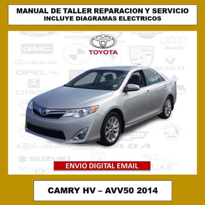 Portada del manual de taller y servicio técnico para el Toyota Camry HV – AVV50 2014. Cubre todos los aspectos de reparación, mantenimiento, diagramas eléctricos y especificaciones del vehículo.
