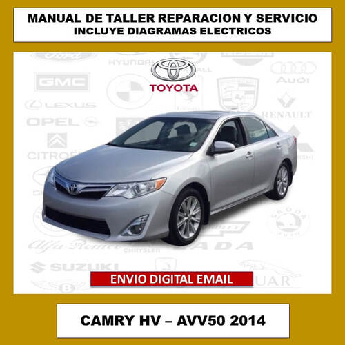 Portada del manual de taller y servicio técnico para el Toyota Camry HV – AVV50 2014. Cubre todos los aspectos de reparación, mantenimiento, diagramas eléctricos y especificaciones del vehículo.