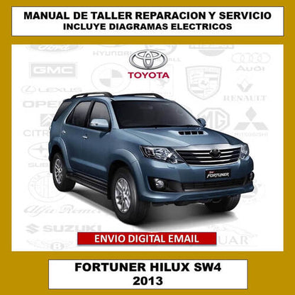 Portada del manual de taller y servicio técnico para el Toyota Fortuner Hilux SW4 2013. Este compendio digital cubre todos los aspectos de reparación, mantenimiento, diagramas eléctricos y especificaciones del vehículo.