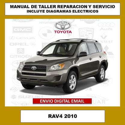 La imagen de portada del manual de reparación oficial para el Toyota Rav4 2010. Este manual de servicio técnico es una guía exhaustiva para todo tipo de reparaciones y mantenimiento, incluyendo diagramas eléctricos y especificaciones detalladas.
