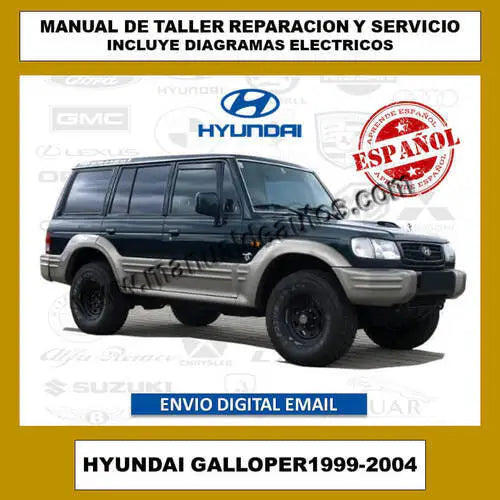 Portada del manual de mantenimiento del Hyundai Galloper 1998-2004 con esquemas eléctricos.