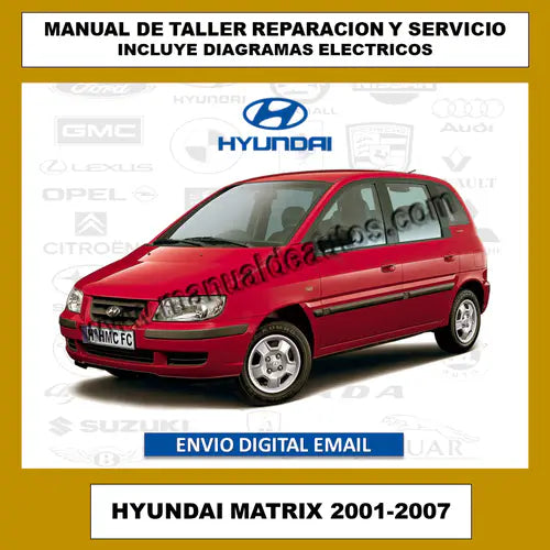 Portada del manual de mantenimiento del Hyundai Matrix 2001-2007 con información técnica.