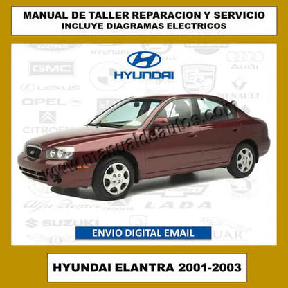 Carátula del manual de mantenimiento del Hyundai Elantra 2001-2003 con información técnica.