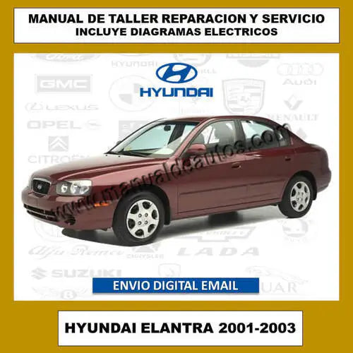 Carátula del manual de mantenimiento del Hyundai Elantra 2001-2003 con información técnica.