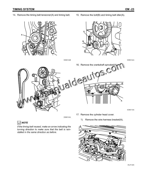 Imagen del motor del Hyundai Elantra 2004–2006 con detalles de reparación técnica.