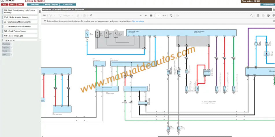 Diagramas eléctricos y esquemas de cableado Lexus GX460 URJ150. Manual de servicio eléctrico interactivo en inglés para diagnóstico de fallas y sensores.