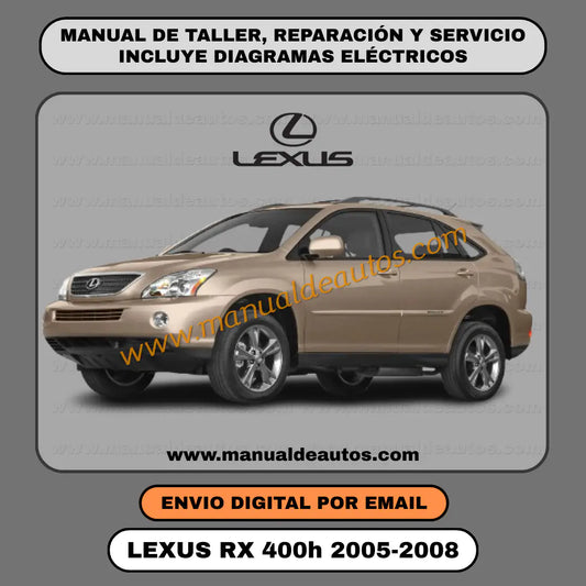 Portada del manual de taller, reparación y servicio Lexus RX400h 2006-2008 interactivo descarga directa oficial. Manual técnico completo motor 3MZ-FE y transeje híbrido.