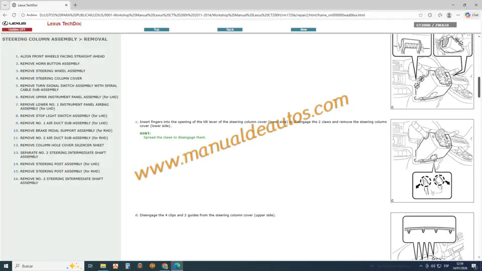 Manual de taller y reparación Lexus CT200h 2011-2014. Guía completa de servicio técnico y mantenimiento para el modelo híbrido de Lexus.