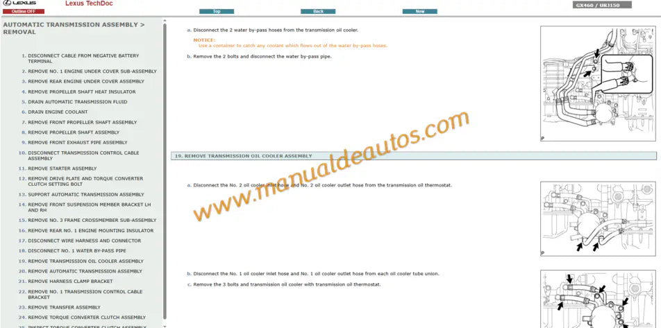 Manual de reparación, taller o servicio de la transmisión automática A760F Lexus GX460. Guía de mantenimiento para la caja de cambios 4WD (2009-2013).