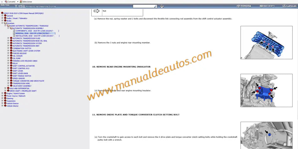 Manual de reparación, taller o servicio de la transmisión automática AGA0E de 10 velocidades Lexus LC500. Guía de mantenimiento de la caja de cambios.