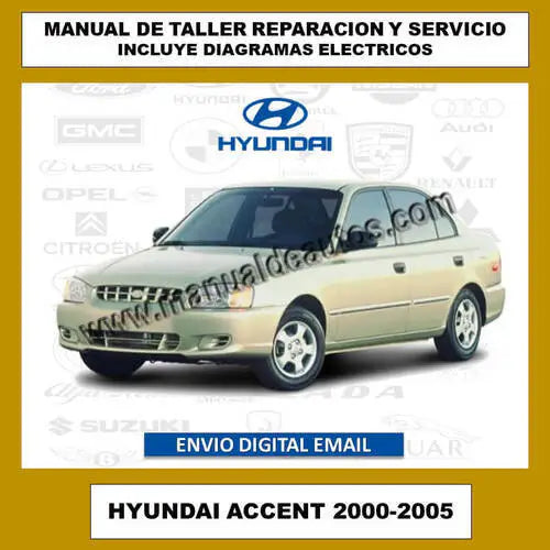 Imagen promocional del servicio técnico para el Hyundai Accent 2000-2005, incluyendo esquemas eléctricos.