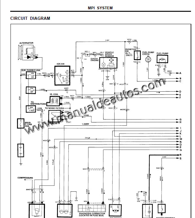 Diagrama eléctrico del Hyundai Excel 1989–1994 mostrando el sistema eléctrico del vehículo.